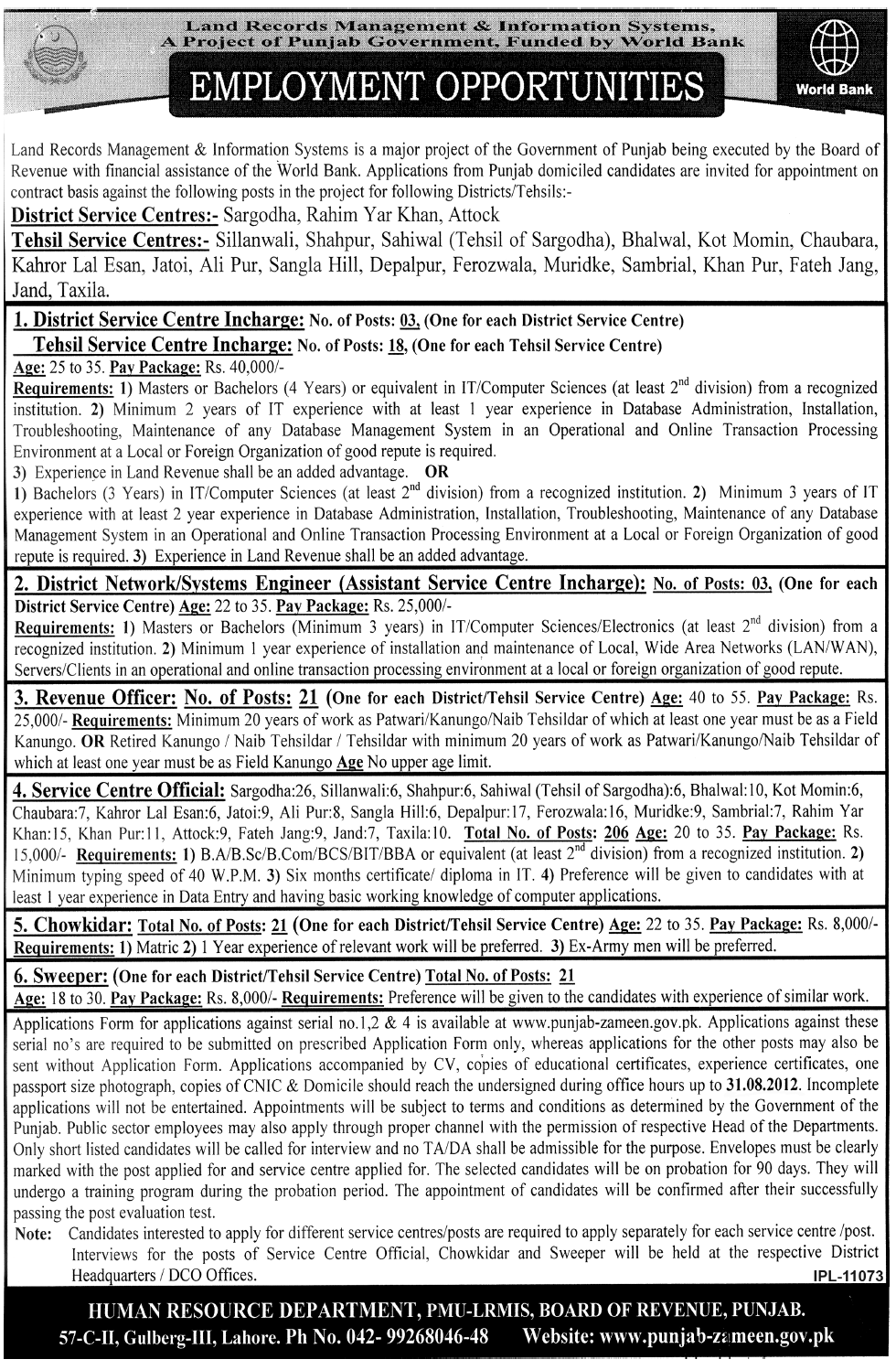 Land Records Management & Information System Punjab Jobs (Government Job) in Sargodha, Rahim Yar